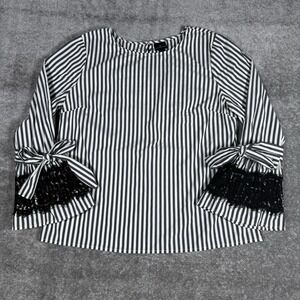 Worthington Blouse Women's Large Black White‎ Striped Lace Bell Sleeves Ties